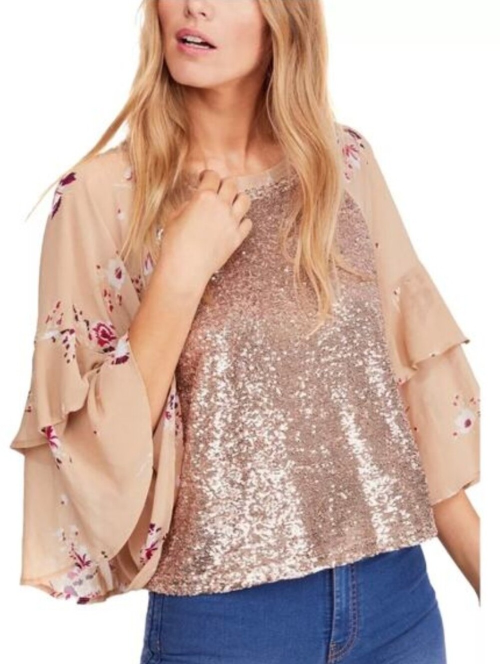 Free People Sequin Top Large Shimmy Shake Floral Boho Feminine Festival Glam